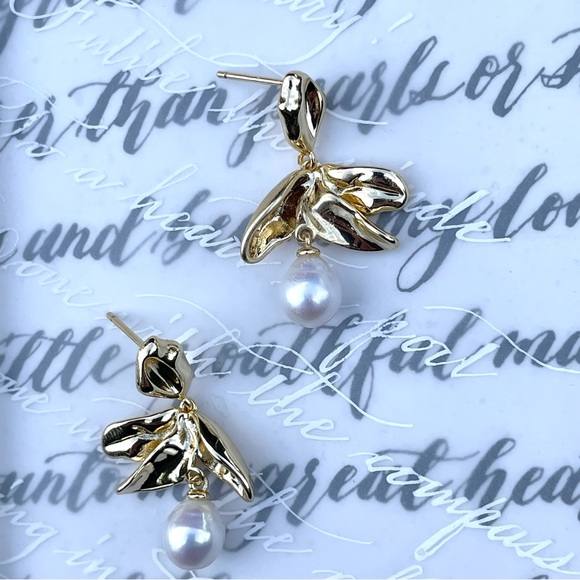 Gold and Pearl Floral Drop Earrings - Picture 1 of 3